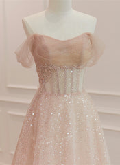 Party Dress Idea, Pink Sparkle Tulle with Beadings Long A-line Formal Dress, Pink Tulle Sweetheart Prom Dress
