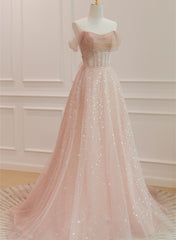 Party Dresses Cheap, Pink Sparkle Tulle with Beadings Long A-line Formal Dress, Pink Tulle Sweetheart Prom Dress