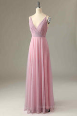 Party Dresses Stores, Pink Sparkly A-line V Neck Pleated Long Bridesmaid Dress