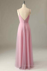 Party Dress Stores, Pink Sparkly A-line V Neck Pleated Long Bridesmaid Dress