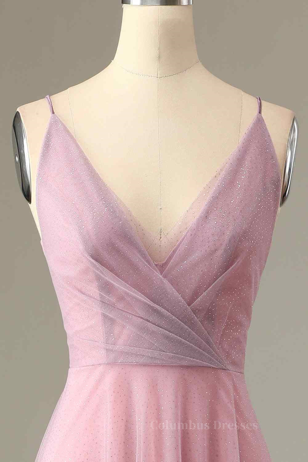 Party Dress Store, Pink Sparkly A-line V Neck Pleated Long Bridesmaid Dress