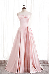 Evening Dress Stores, Pink Strapless Satin Lace-Up Pearl Beaded Maxi Formal Dress with Slit