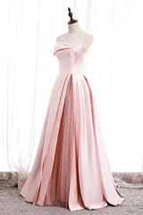 Evening Dresses Stores, Pink Strapless Satin Lace-Up Pearl Beaded Maxi Formal Dress with Slit