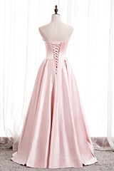 Evening Dress Shops Near Me, Pink Strapless Satin Lace-Up Pearl Beaded Maxi Formal Dress with Slit