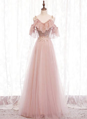 Homecoming Dress Styles, Pink Straps Lace Top Tulle Off Shoulder Party Dresses, Pink A-line Formal Dresses
