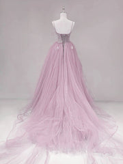 Bridesmaid Dress Wedding, Pink Straps Tulle Chic Long Party Dress Formal Dress, Pink A-line Prom Dress