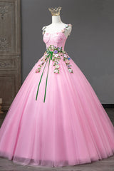 Bridesmaid Dresses For Winter Wedding, Pink Straps Tulle Sweetheart Ball Gown with Flowers, Pink Formal Dress Prom Dress