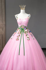 Bridesmaid Dress Vintage, Pink Straps Tulle Sweetheart Ball Gown with Flowers, Pink Formal Dress Prom Dress