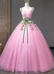 Bridesmaid Dresses Winter Wedding, Pink Straps Tulle Sweetheart Ball Gown with Flowers, Pink Formal Dress Prom Dress