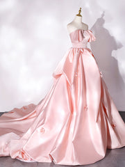Prom Dress Shopping Near Me, Pink Sweep Train Satin Long Prom Dress, Pink Formal Evening Dresses