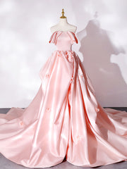 Prom Dresses Elegent, Pink Sweep Train Satin Long Prom Dress, Pink Formal Evening Dresses