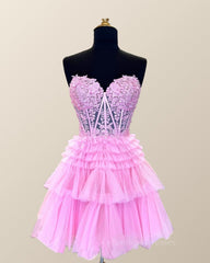 Formal Dresses Long Sleeved, Pink Sweetheart Lace and Ruffles Short Tulle Dress