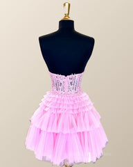 Formal Dresses Long Sleeves, Pink Sweetheart Lace and Ruffles Short Tulle Dress