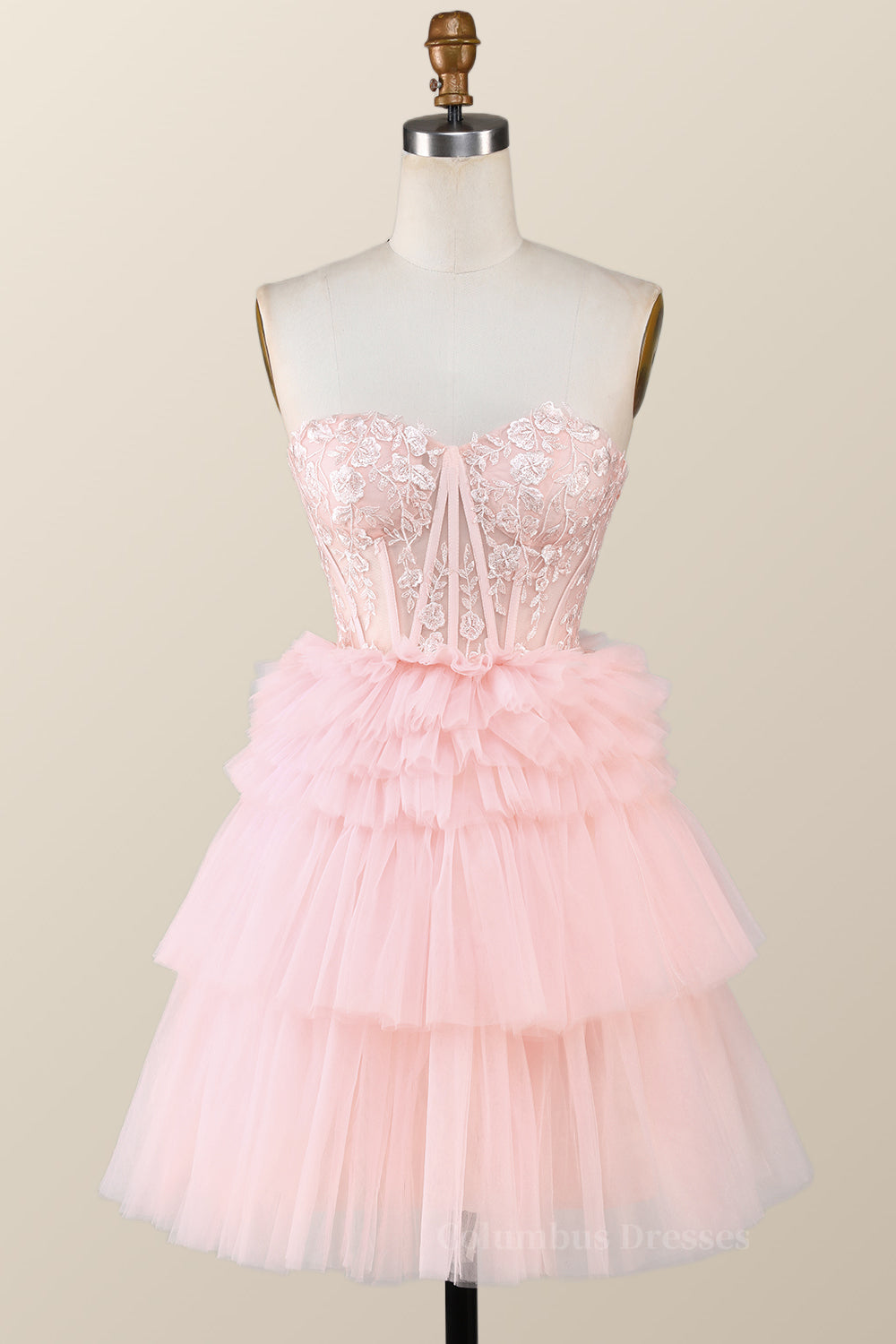 Formal Dresses For Middle School, Pink Sweetheart Lace and Ruffles Short Tulle Dress