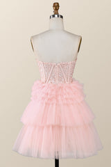 Formal Dress Off The Shoulder, Pink Sweetheart Lace and Ruffles Short Tulle Dress