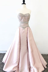 Formal Dress For Winter, pink sweetheart neck beads long prom dress, pink evening dress