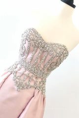 Formal Dresses For Winter, pink sweetheart neck beads long prom dress, pink evening dress