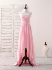 Spring Wedding Color, Pink Sweetheart Neck Chiffon High Low Prom Dress, Bridesmaid Dress