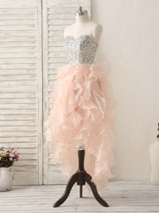Party Dress Lace, Pink Sweetheart Neck Rhinestones Organza Prom Dress Pink Homecoming Dresses