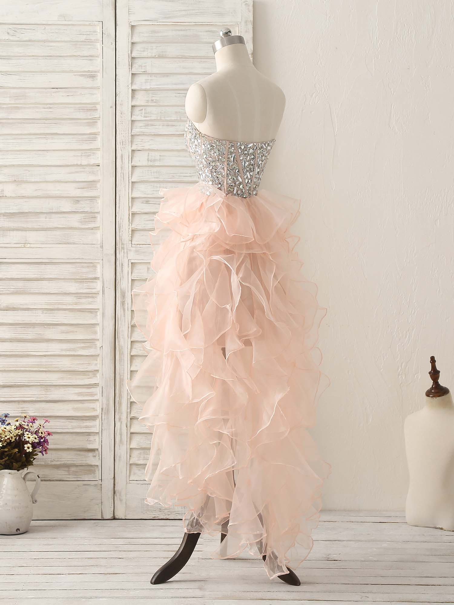 Party Dresses Lace, Pink Sweetheart Neck Rhinestones Organza Prom Dress Pink Homecoming Dresses