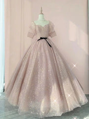 Formal Dress For Weddings Guest, Pink Sweetheart-Neck Tulle Lace Half-Sleeve Prom Dresses, Pink Party Dress