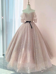 Formal Dress For Wedding Guests, Pink Sweetheart-Neck Tulle Lace Half-Sleeve Prom Dresses, Pink Party Dress