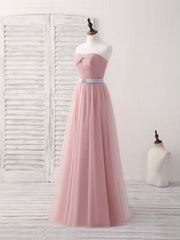 Bridesmaid Dress Pink, Pink Sweetheart Neck Tulle Long Prom Dress, Aline Pink Bridesmaid Dress