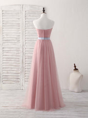 Bridesmaids Dress Pink, Pink Sweetheart Neck Tulle Long Prom Dress, Aline Pink Bridesmaid Dress