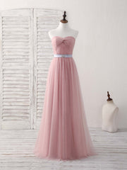 Bridesmaid Dresses Pinks, Pink Sweetheart Neck Tulle Long Prom Dress, Aline Pink Bridesmaid Dress