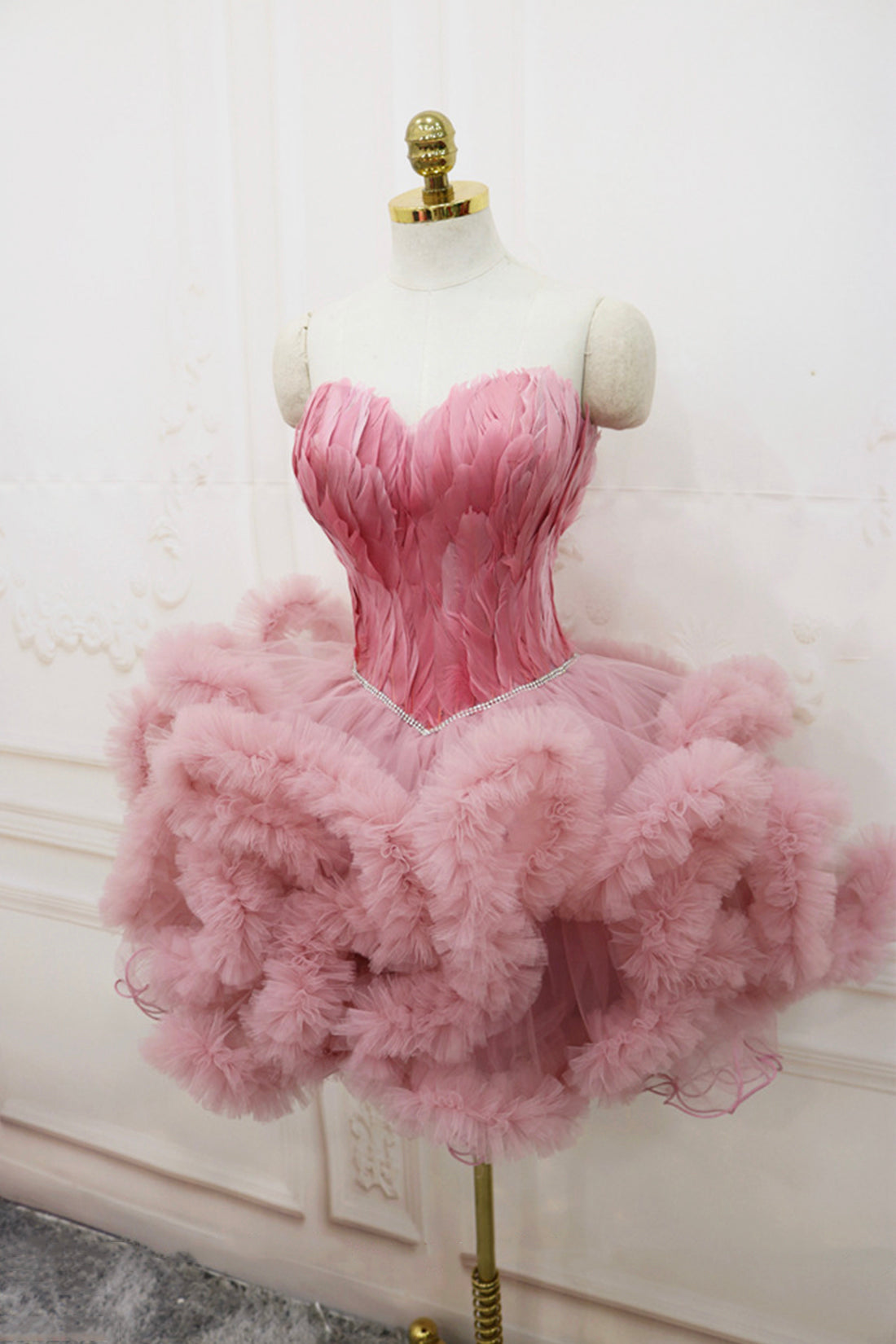 Bridesmaid Dress Fall, Pink Sweetheart Neck Tulle Party Dress, A Line Short Prom Dress with Feather