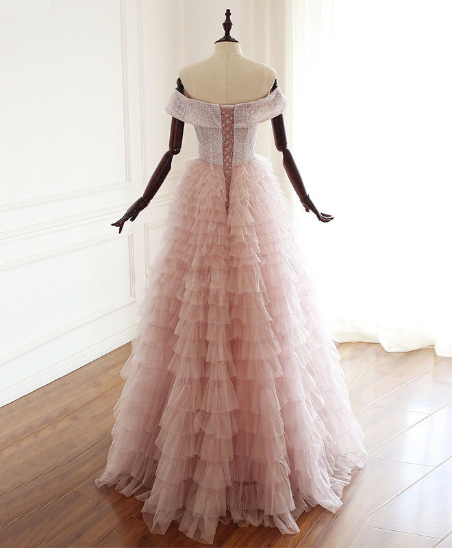 Homecoming Dress Classy, Pink Sweetheart Off Shoulder Tulle Long Prom Dress Pink Evening Dress