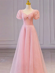 Formal Dresses Long Elegant, Pink Sweetheart Short Sleeves Long A-line Prom Dress, Pink Evening Gowns