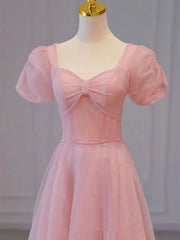 Formal Dress Long Elegant, Pink Sweetheart Short Sleeves Long A-line Prom Dress, Pink Evening Gowns
