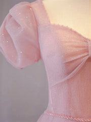 Formal Dress Vintage, Pink Sweetheart Short Sleeves Long A-line Prom Dress, Pink Evening Gowns