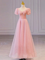 Formal Dress Prom, Pink Sweetheart Short Sleeves Long A-line Prom Dress, Pink Evening Gowns