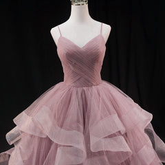 Party Dress Halter Neck, Pink Sweetheart Tulle Long Evening Dress Prom Dress, Pink Sweet 16 Gown