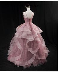Party Dresses Halter Neck, Pink Sweetheart Tulle Long Evening Dress Prom Dress, Pink Sweet 16 Gown
