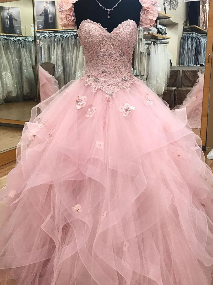 Evening Dress 1925S, Pink Sweetheart Tulle Long Prom Dress,Ball Gown sweet 16 dresses,Princess Quinceanera Dresses