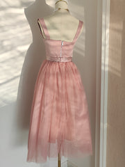 Wedding Dress Boutiques, Pink Tea Length Sweetheart Tulle Party Dresses, Pink Wedding Party Dresses