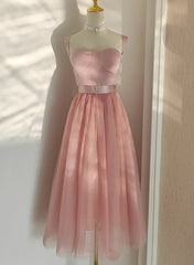 Wedding Dress Fitting, Pink Tea Length Sweetheart Tulle Party Dresses, Pink Wedding Party Dresses