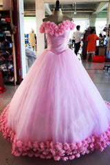 Evening Dresses For Over 74, Pink tulle 3d flower tulle long prom gown, pink tulle evening dress