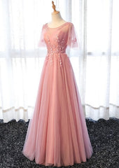 Party Dress And Gown, Pink Tulle A-line Long Party Dress, Pink Bridesmaid Dress