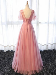 Party Dress Lady, Pink Tulle A-line Long Party Dress, Pink Bridesmaid Dress