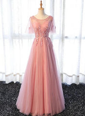 Party Dress Quick, Pink Tulle A-line Long Party Dress, Pink Bridesmaid Dress