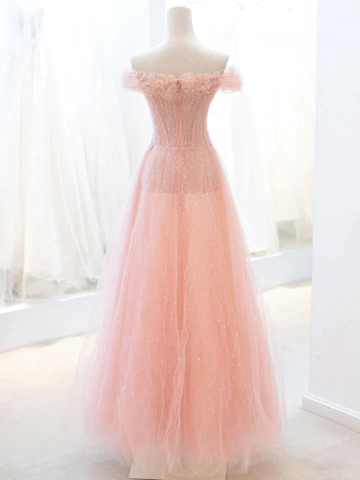 Party Dresses Weddings, Pink Tulle A-line Long Prom Dress with Sequins, Off Shoulder Evening Dresses