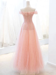 Party Dresses Weddings, Pink Tulle A-line Long Prom Dress with Sequins, Off Shoulder Evening Dresses