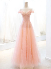 Party Dress Online Shopping, Pink Tulle A-line Long Prom Dress with Sequins, Off Shoulder Evening Dresses