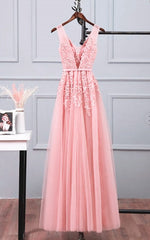 Rustic Wedding, Pink Tulle A-line Simple Long Party Dress, A-line Prom Dresses Evening Dress