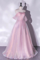 Prom Dresses Spring, Pink Tulle and Sequins Sweetheart Long Party Dress, A-line Pink Prom Dress