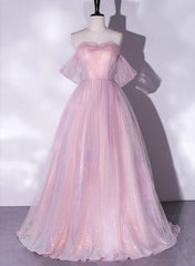 Prom Dress Princesses, Pink Tulle and Sequins Sweetheart Long Party Dress, A-line Pink Prom Dress